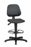 Unitec 3 high work chair in black PU upholstery with a chrome footrest ring and castor base