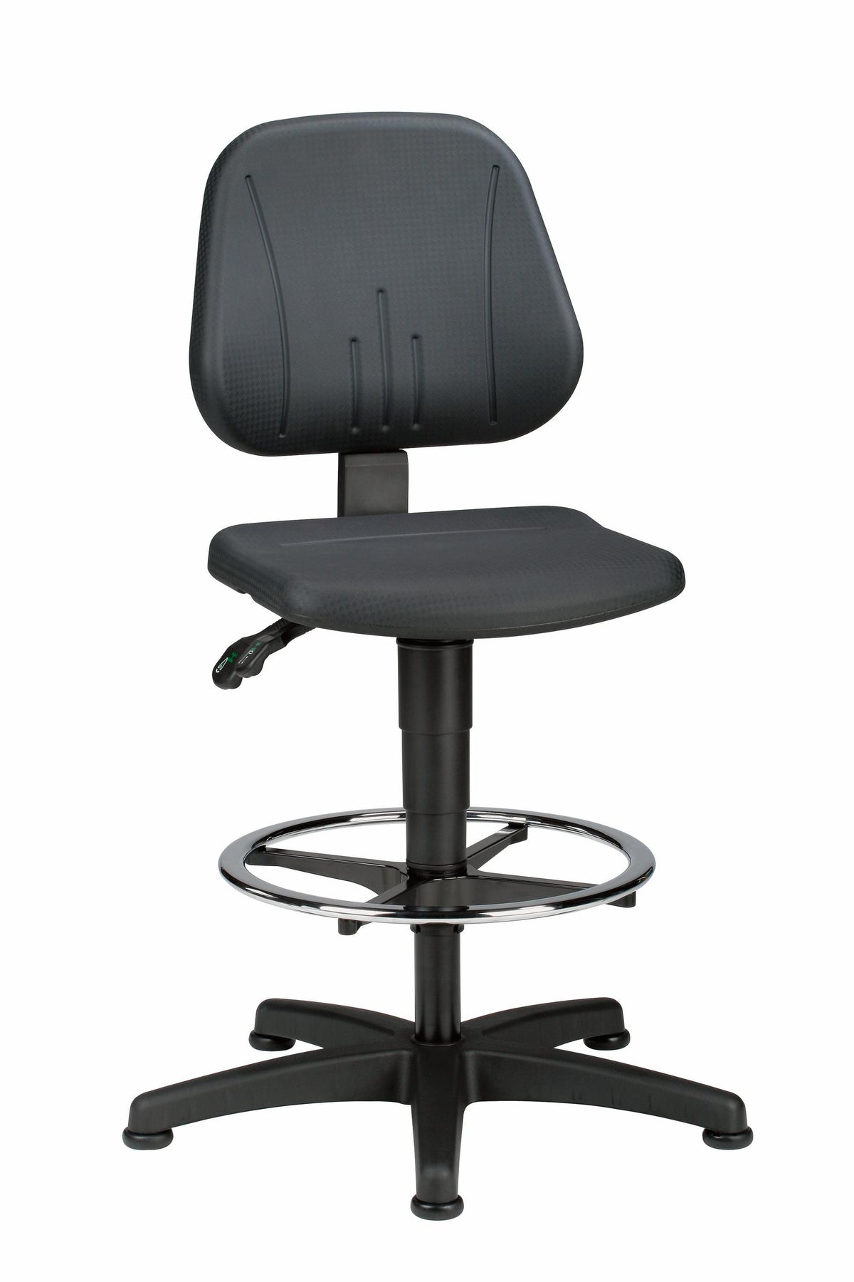 Unitec 3 high work chair in black PU upholstery with a chrome footrest ring and castor base