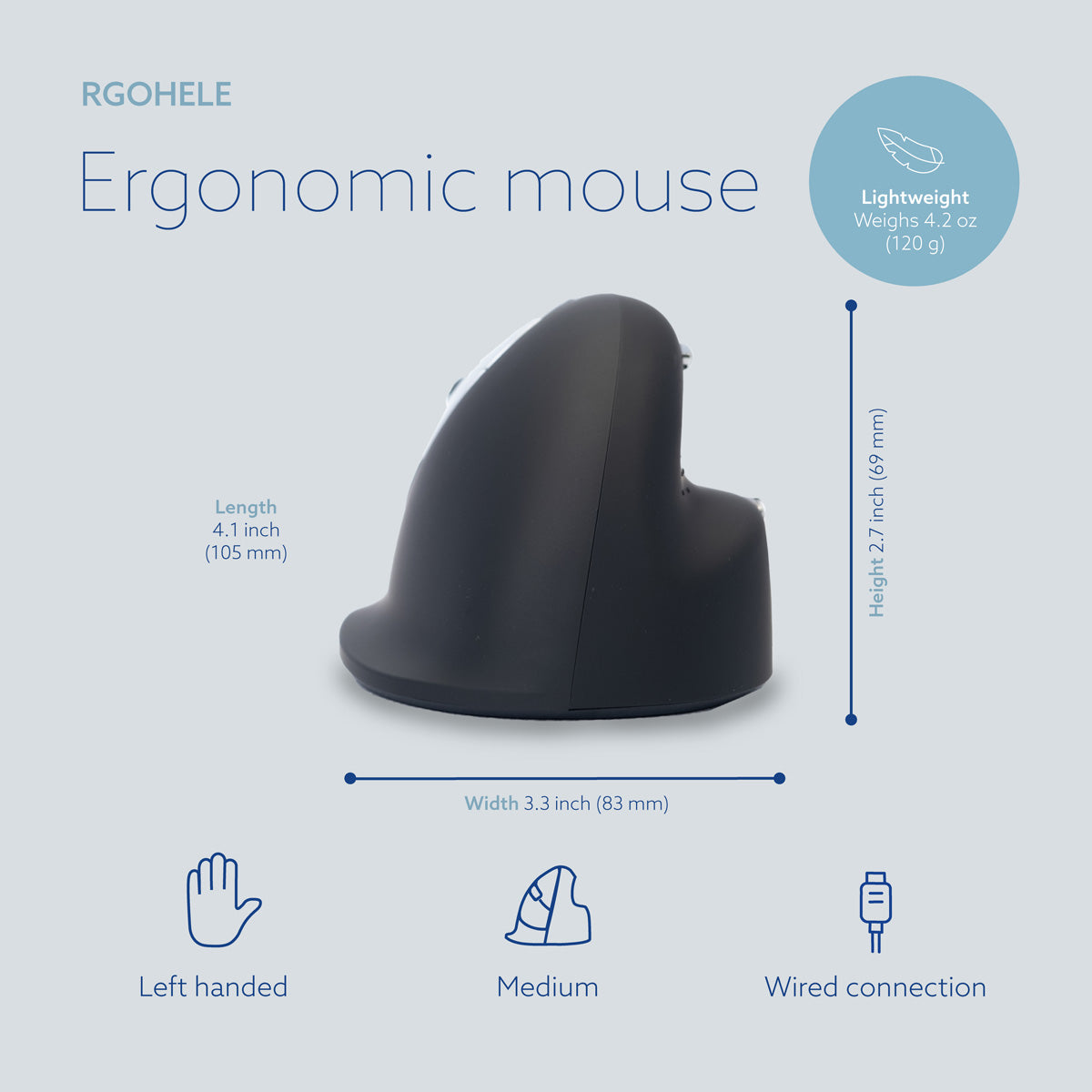 Product graphic showing the HE Mouse dimensions and handedness options