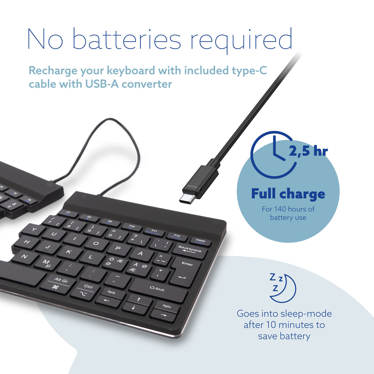 Product graphic stating the Ergo-R keyboard needs no batteries and charges by USB-C in 3.5 hours