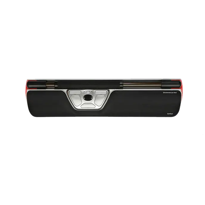 RollerMouse Red wired ergonomic mouse with vegan leather wrist rest and roller bar for improved posture and screen adaptability.