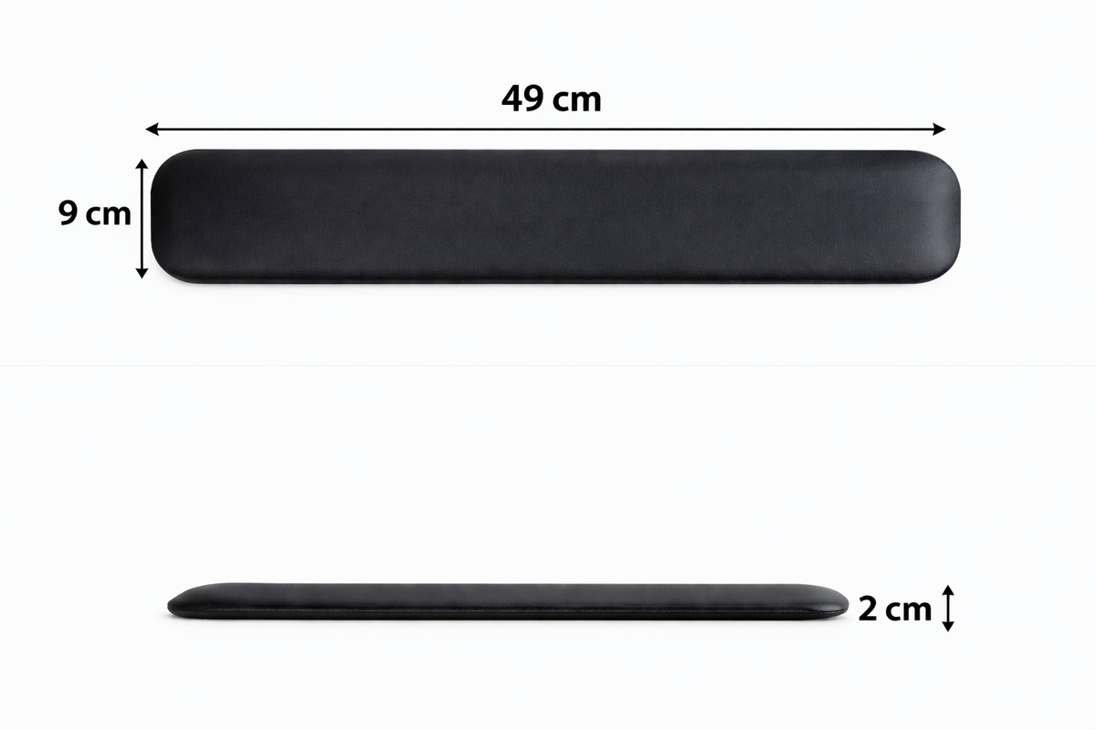 Dimension drawing of the ErgoFinland wrist rest measuring 49 cm wide, 9 cm deep and 2 cm high