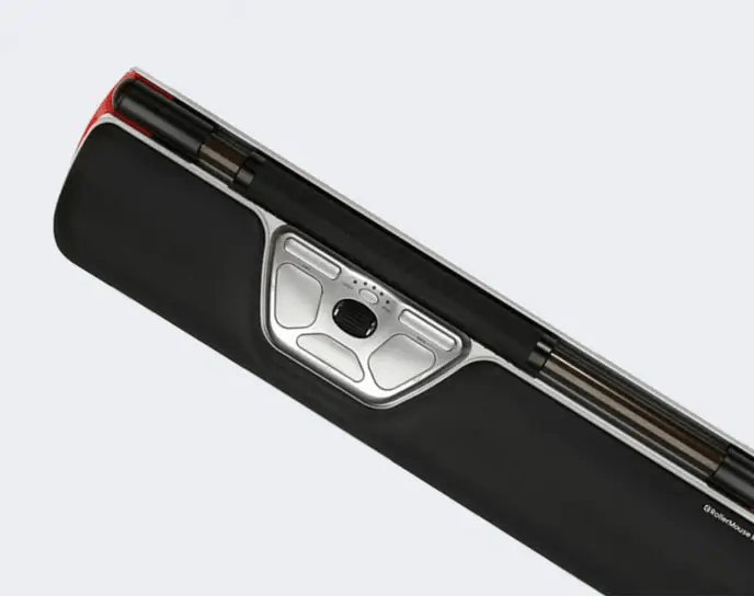 RollerMouse Red wired in black, viewed at an angle showing the rollerbar