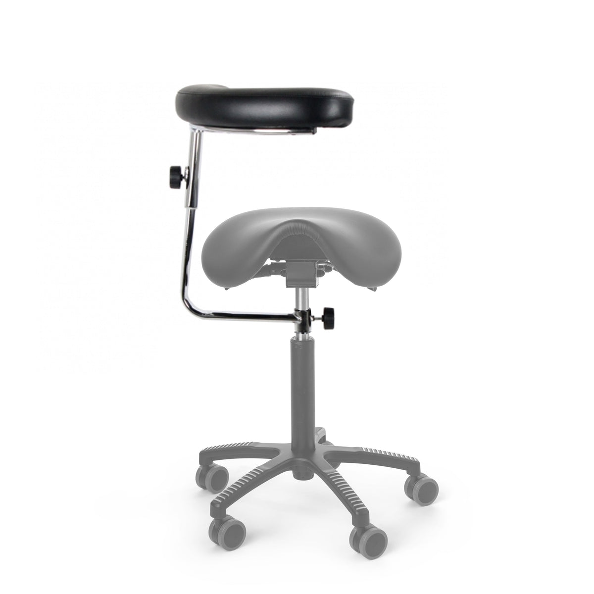 ErgoSupport back and upper limb support fitted to a saddle stool with a five-star base