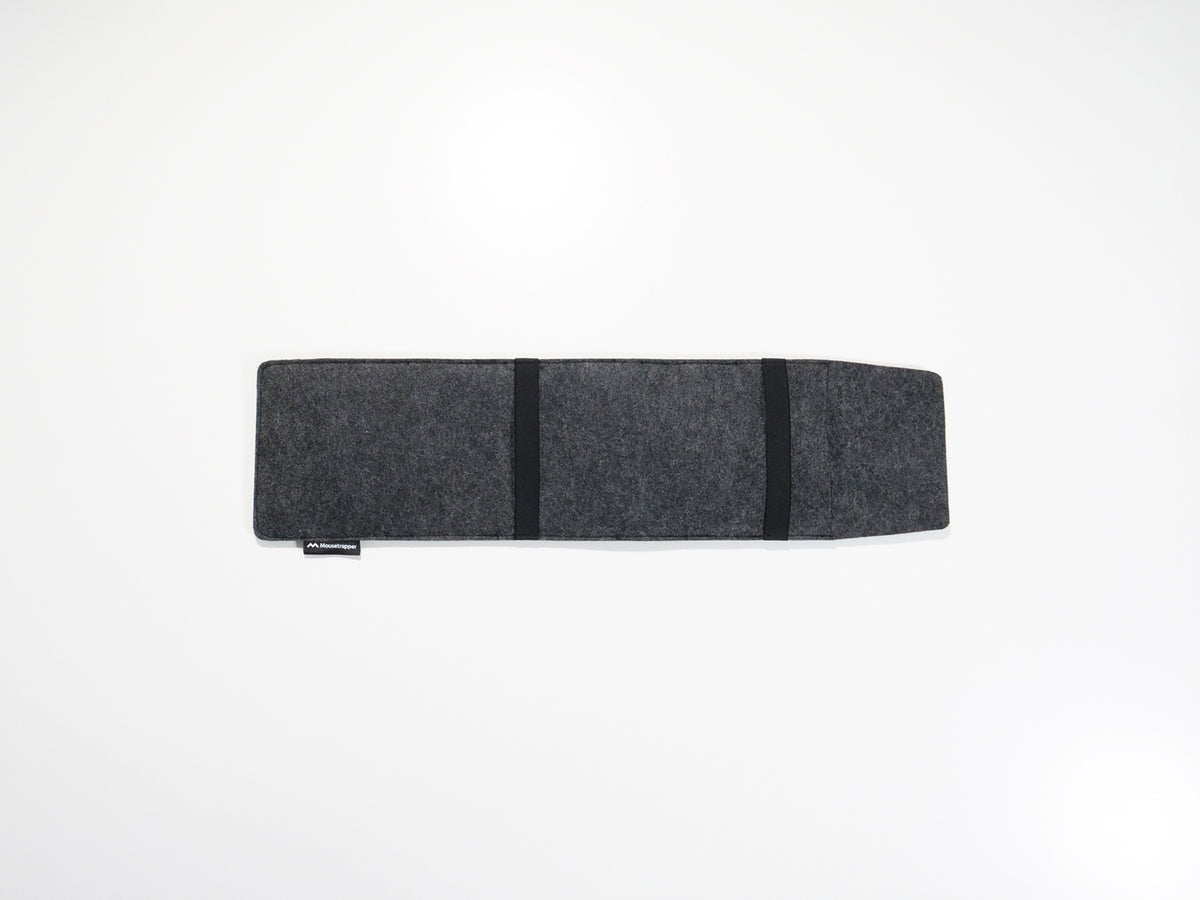Grey felt laptop sleeve shown from the front with the closure flap folded over