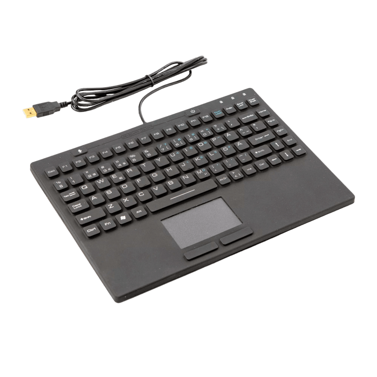 Slim Touch waterproof keyboard with integrated touchpad for industrial and medical use, featuring a dust-proof sealed surface.