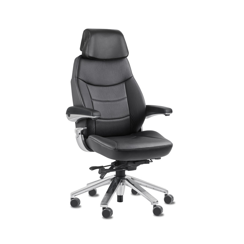Svenstol S5 24/7 chair in black genuine leather with headrest and armrests