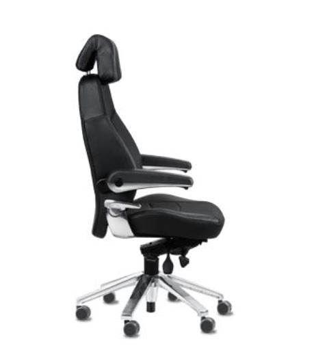 Svenstol S5 24/7 leather chair viewed from the side with the headrest raised