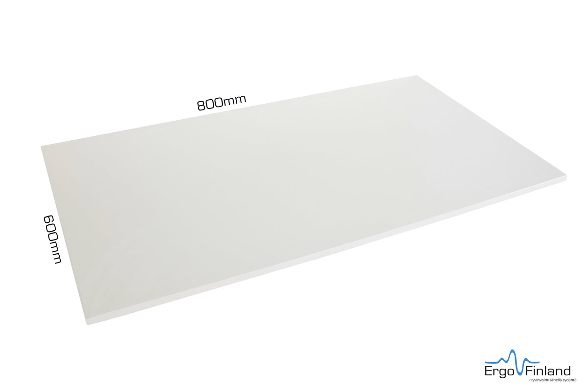 White straight desk top, 800 by 600 mm, seen from above at an angle