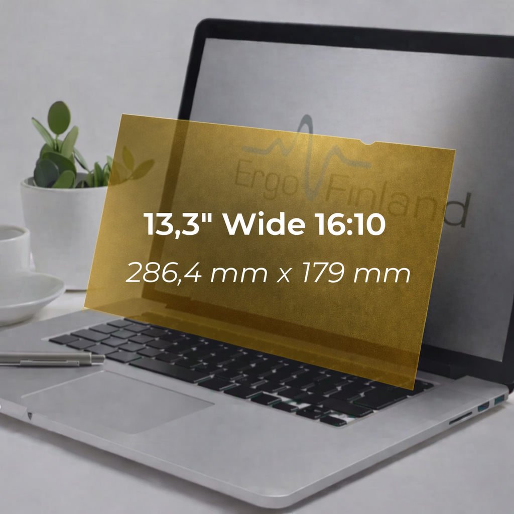 Laptop fitted with a 13.3 inch 16:10 gold privacy screen, with the size and dimensions labelled
