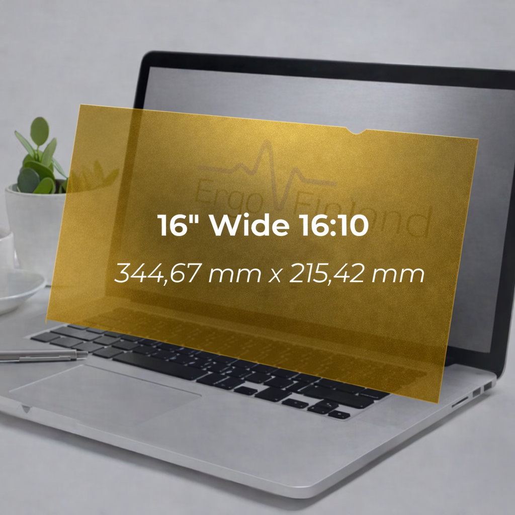 Laptop fitted with a 16 inch 16:10 gold privacy screen, with the size and dimensions labelled