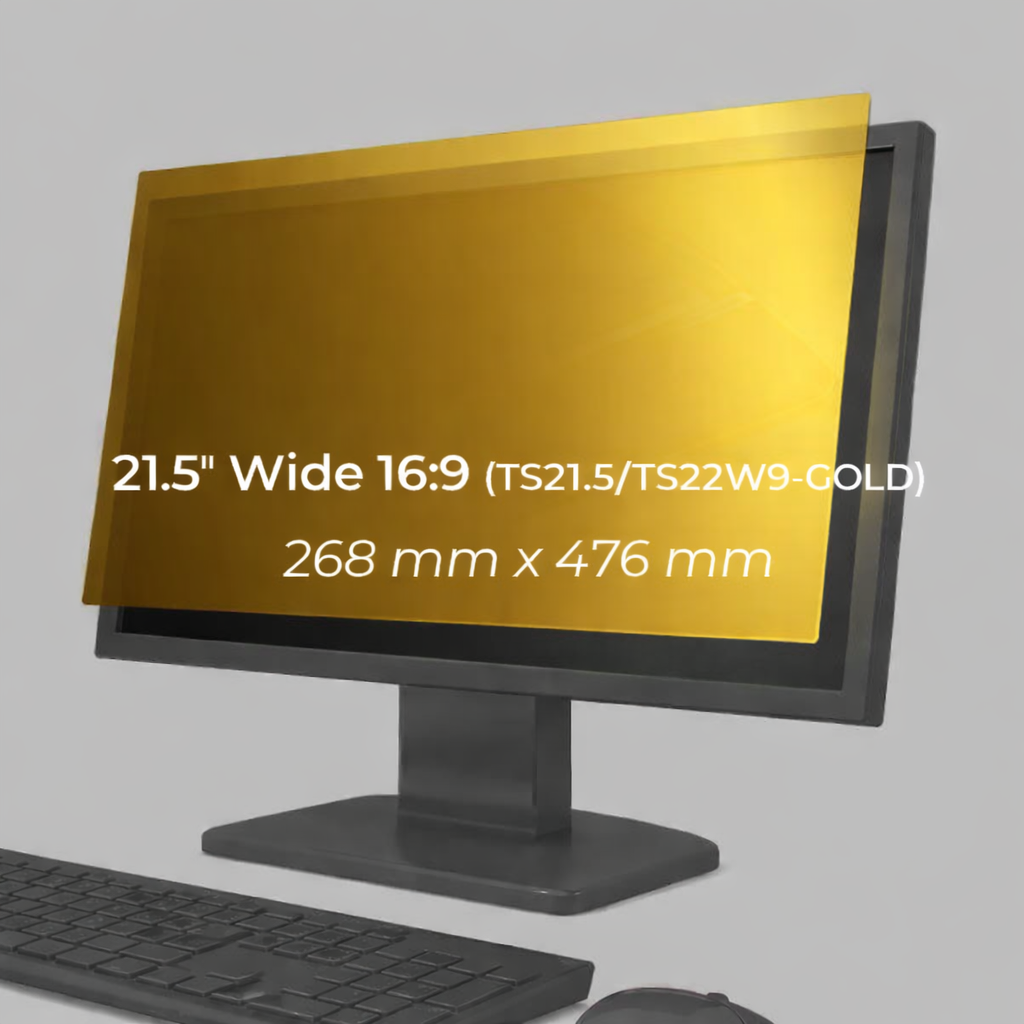 Monitor fitted with a 21.5 inch 16:9 gold privacy filter, with the screen size and dimensions labelled