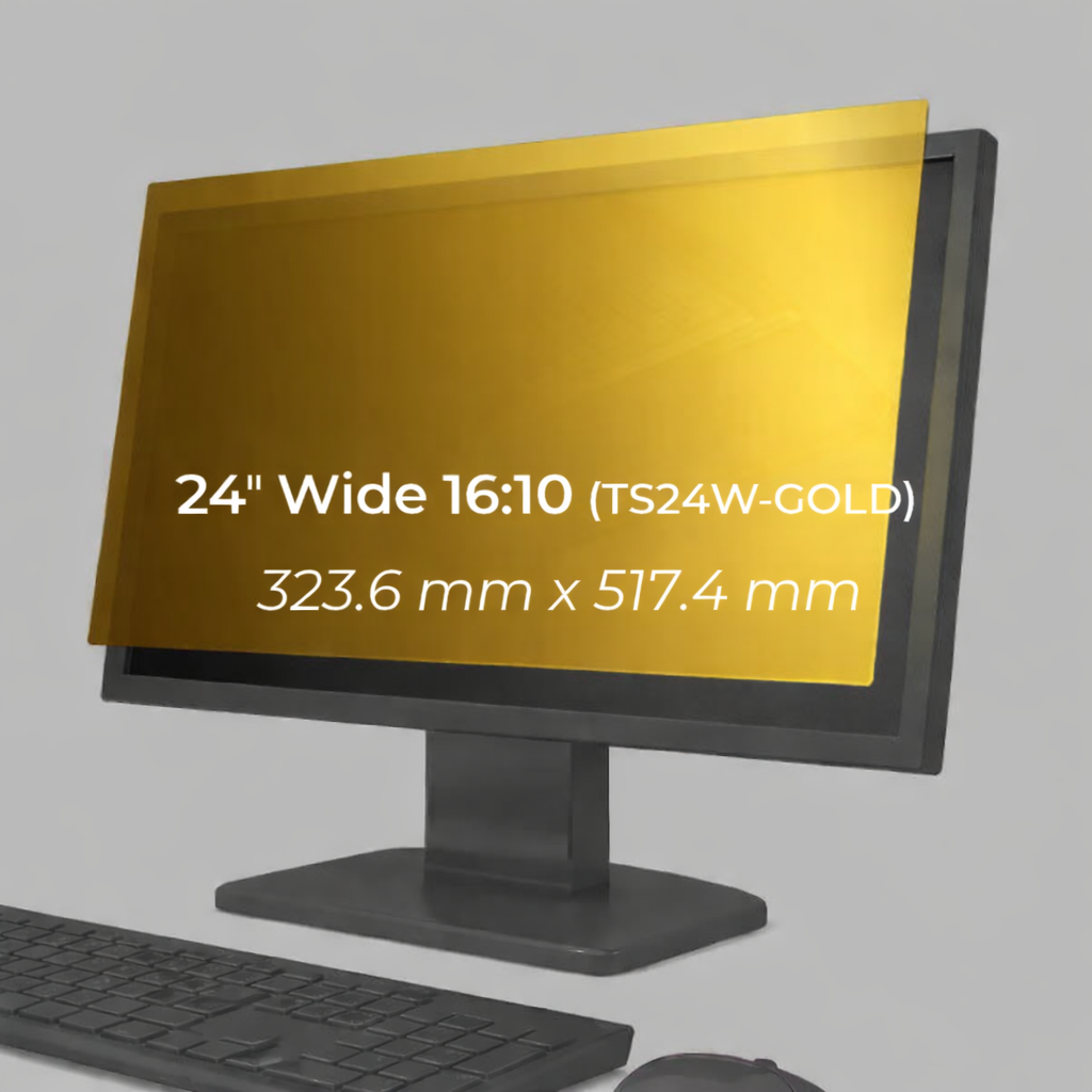 Monitor fitted with a 24 inch 16:10 gold privacy filter, with the size and dimensions labelled