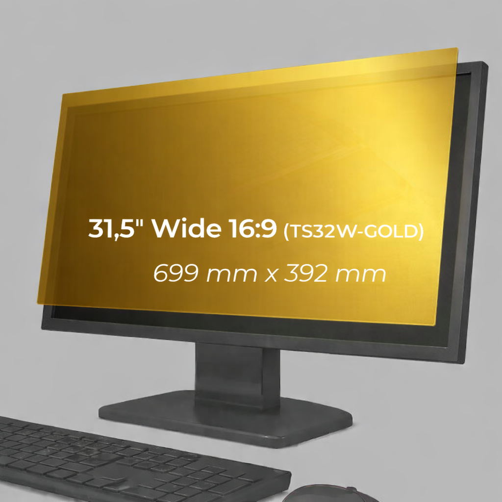Monitor fitted with a 31.5 inch 16:9 gold privacy filter, with the screen size and dimensions labelled
