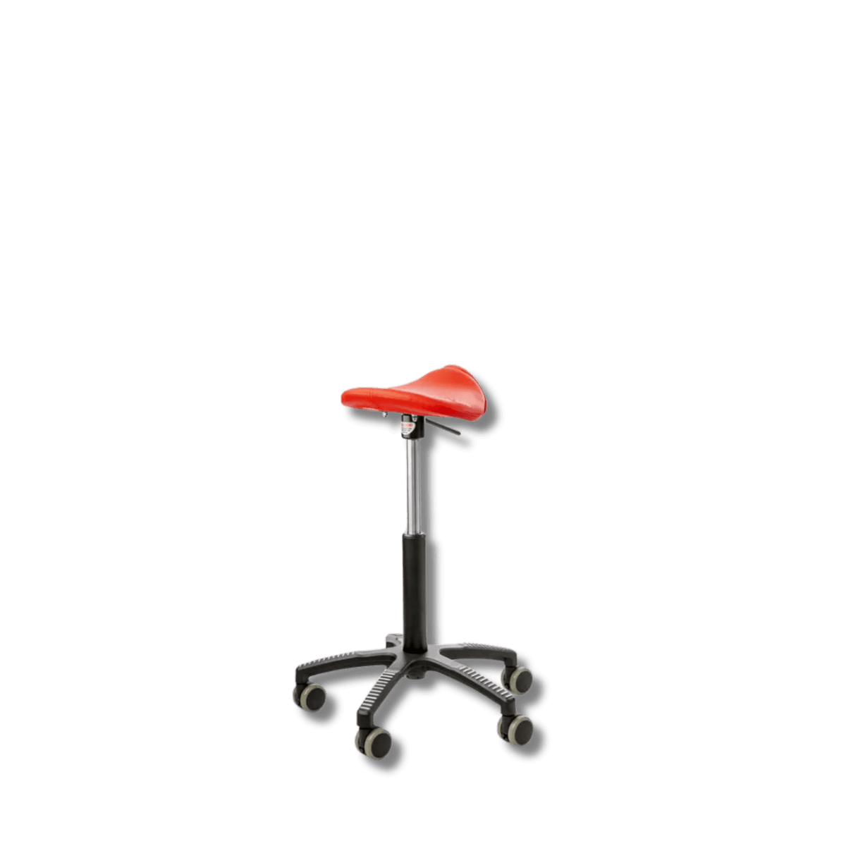 Red GetUpSaddle chair with adjustable height and durable faux leather upholstery on a 5-wheel aluminum base, ideal for narrow hips.