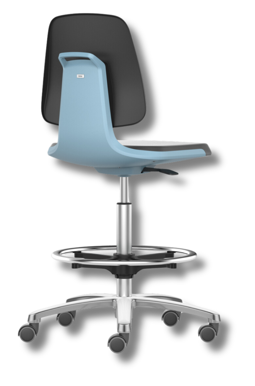 Labsit 4 laboratory chair with light blue seat, backrest and chrome foot ring