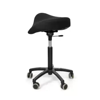 Black Soft Swing saddle chair with contoured seat on wheels, promotes good posture and active movement for enhanced comfort.