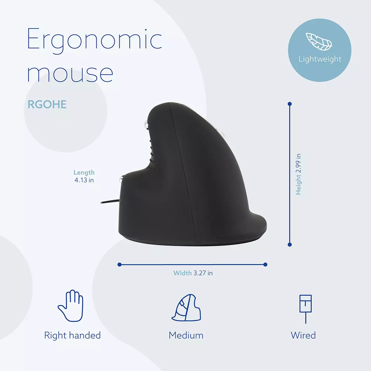 Product graphic showing the HE Mouse dimensions and handedness options