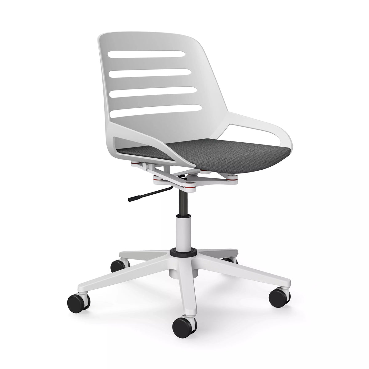Numo Task active chair with white shell and grey seat on a white five-star base