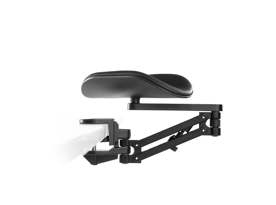 Ergorest 330 black forearm support with long arm pad on an extended articulated support arm