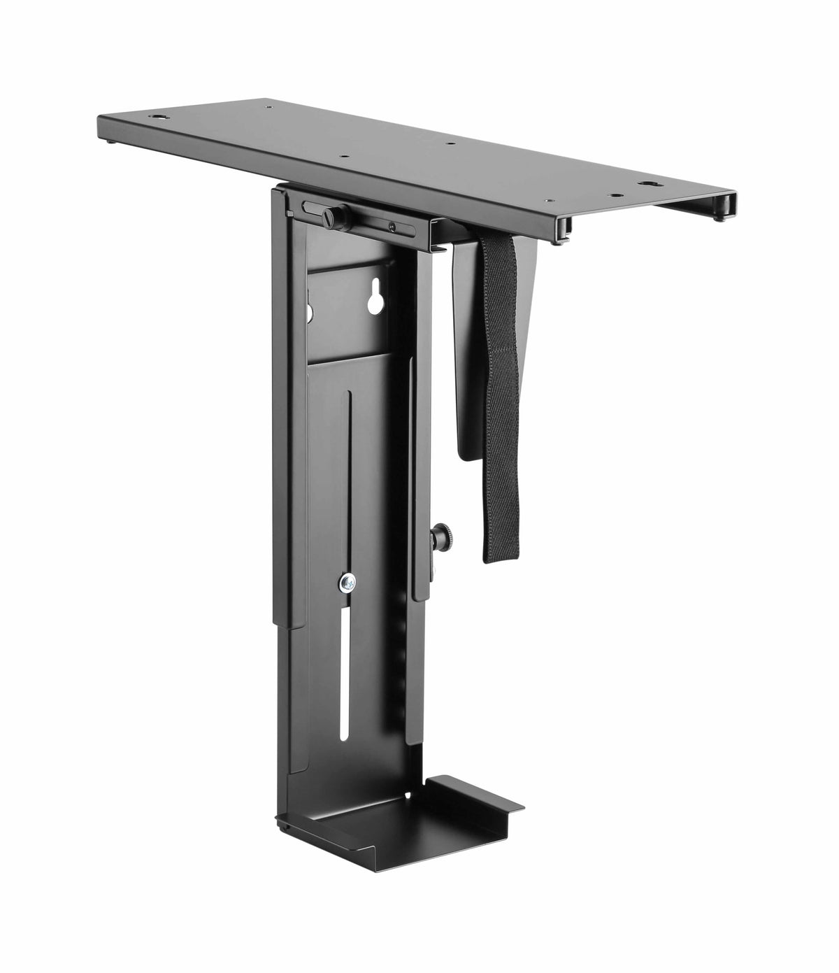Black swivel CPU stand for desk organization with adjustable strap.