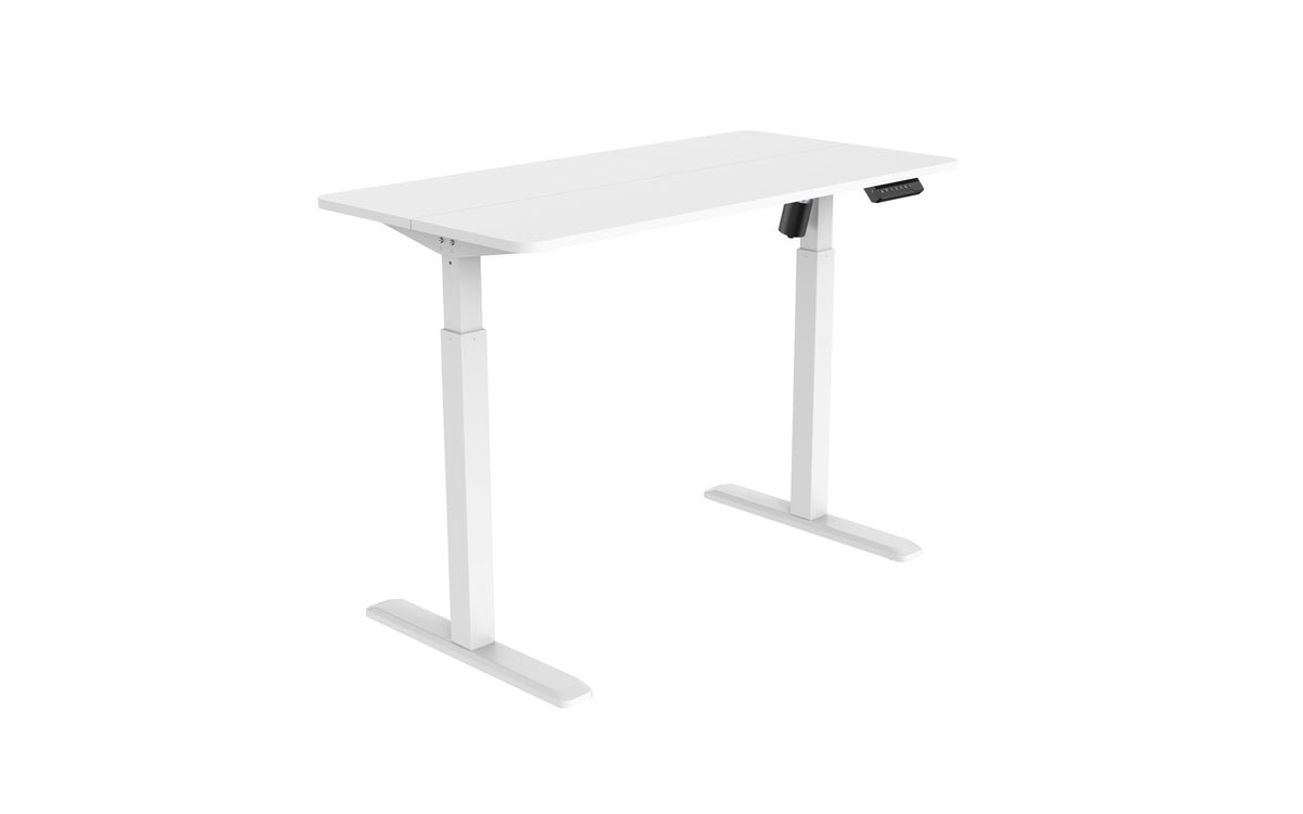 GetUpDesk Elite electric adjustable desk in white with button controller, suitable for office, home, and work environments.