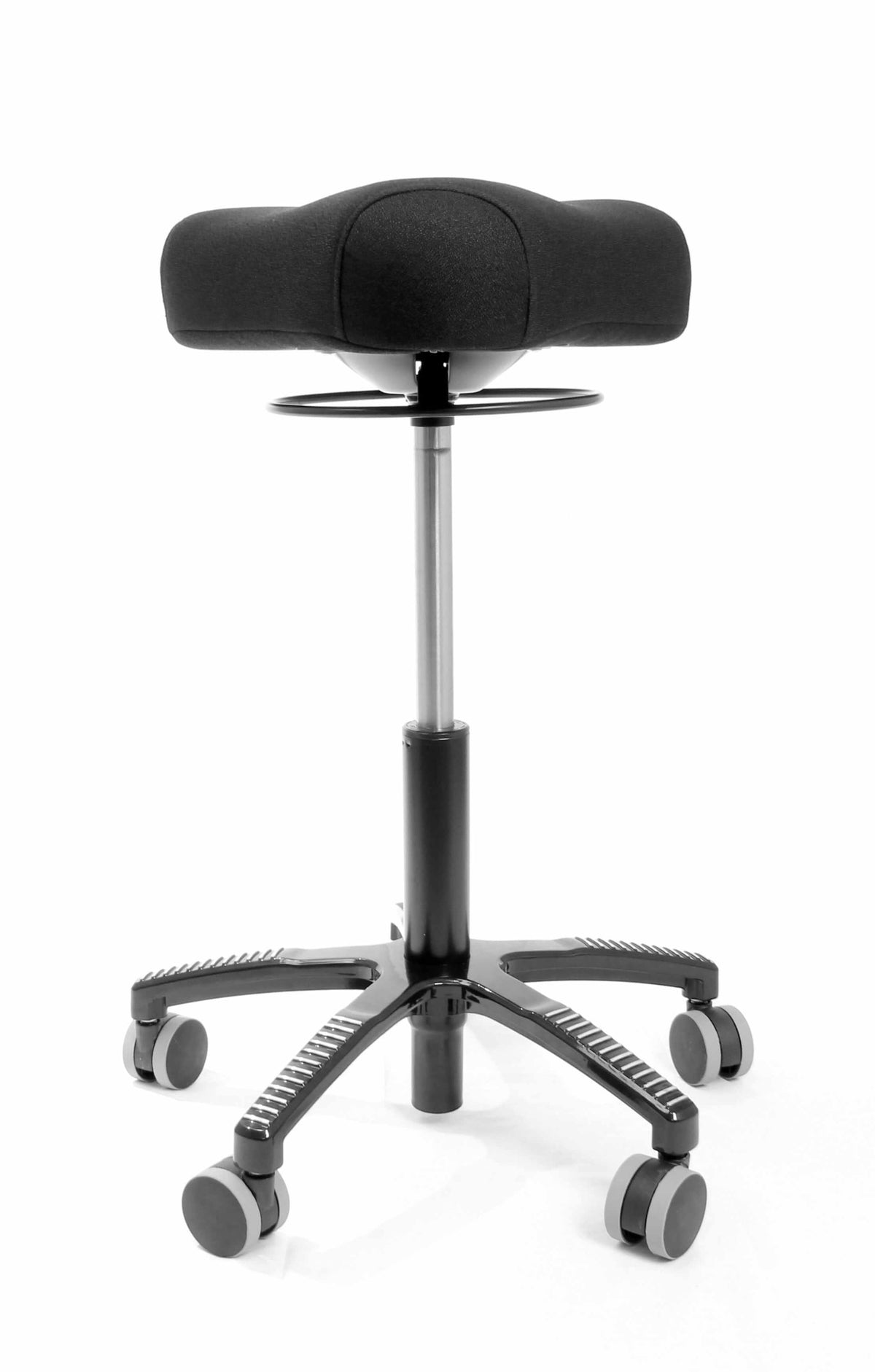 Black Bermuda chair with soft cushion, artificial leather, ergonomic triangular design on wheels for comfort and posture support.