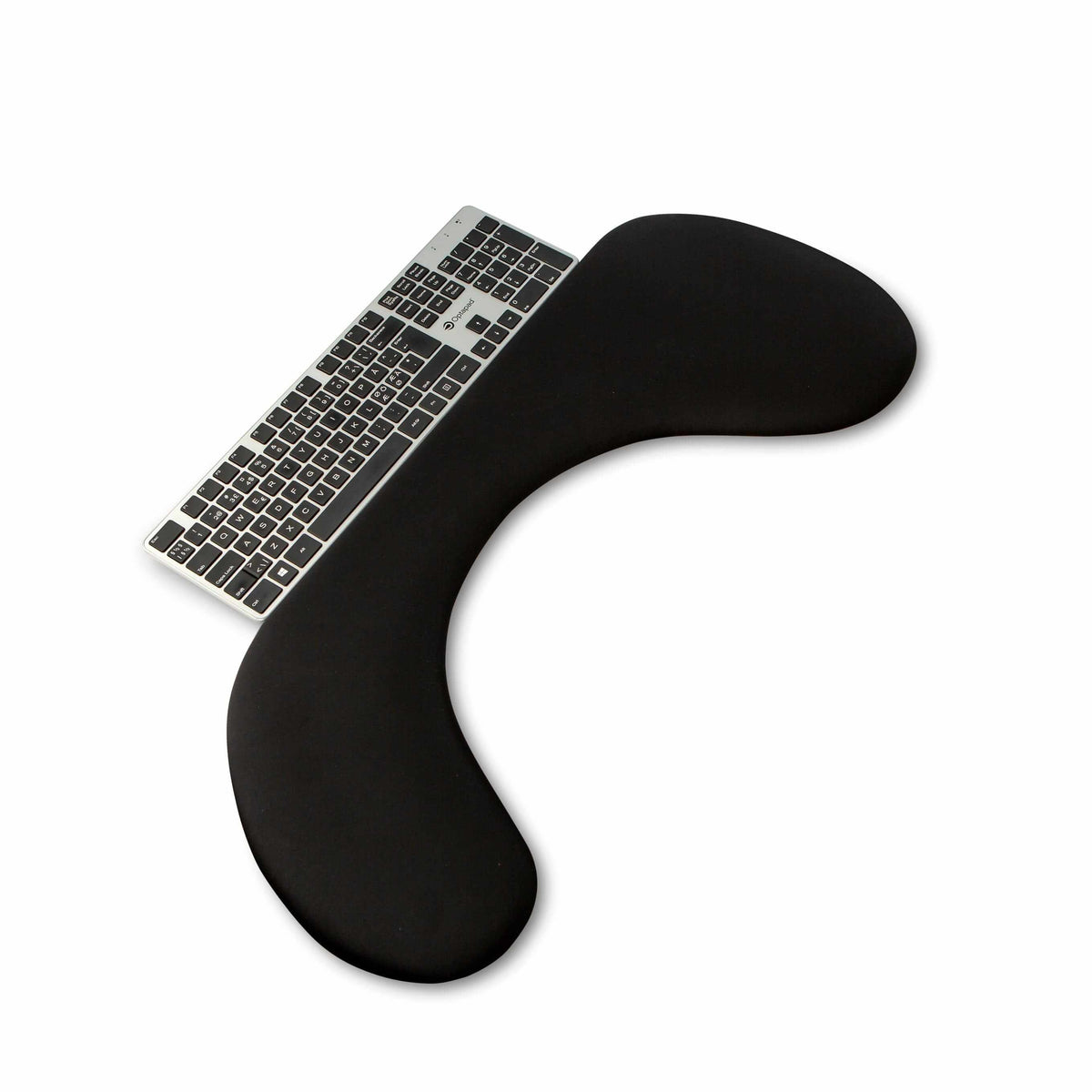 Ergonomic asymmetric arm support in black artificial leather on a desk with a keyboard, designed to relieve shoulder and neck pain.