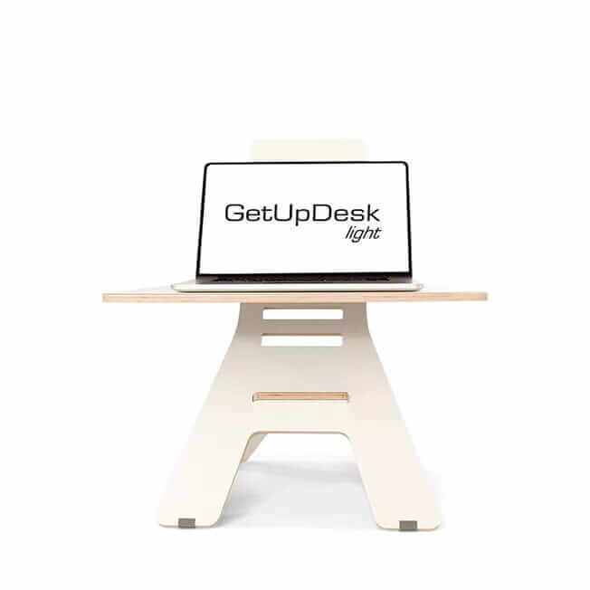 GetUpDesk Light wooden stand with a laptop displaying the GetUpDesk logo