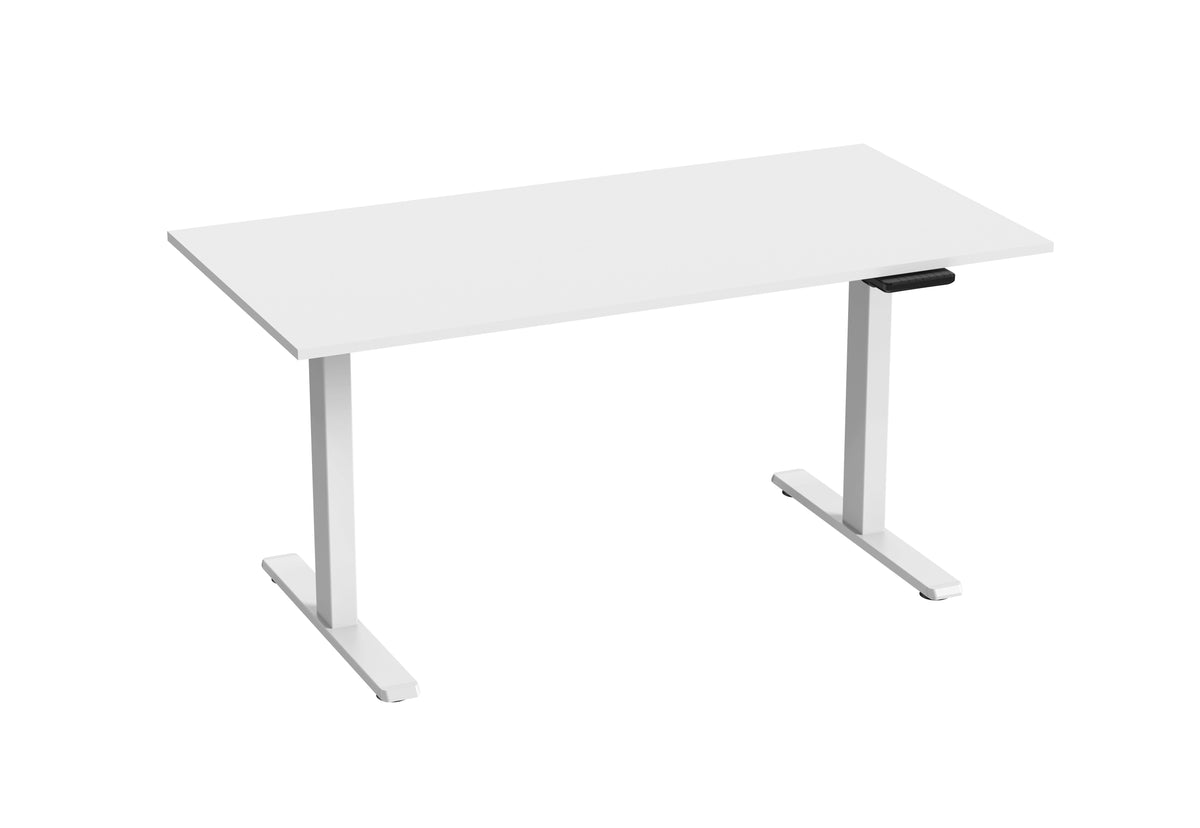 White desk top on a white electric height-adjustable frame