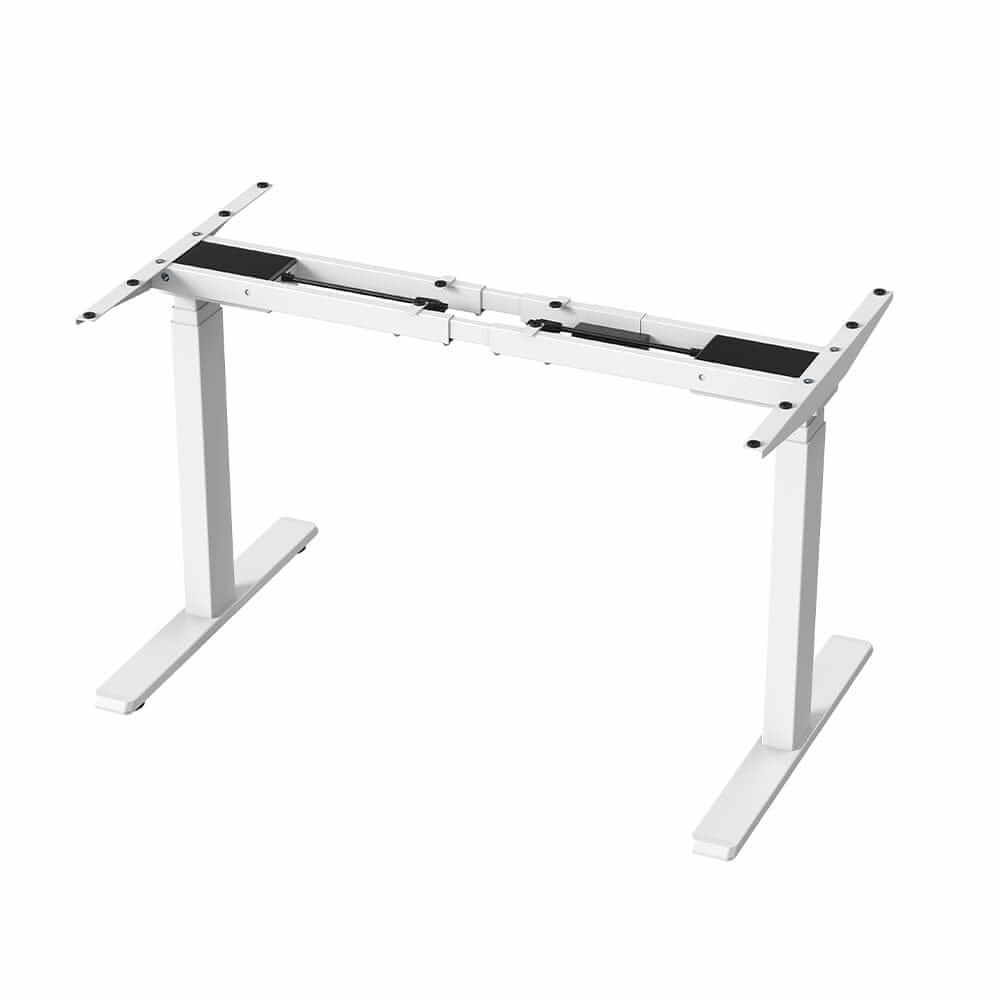 White GetUpDesk Duo electric frame with adjustable legs for ergonomic workstations and improved back health.