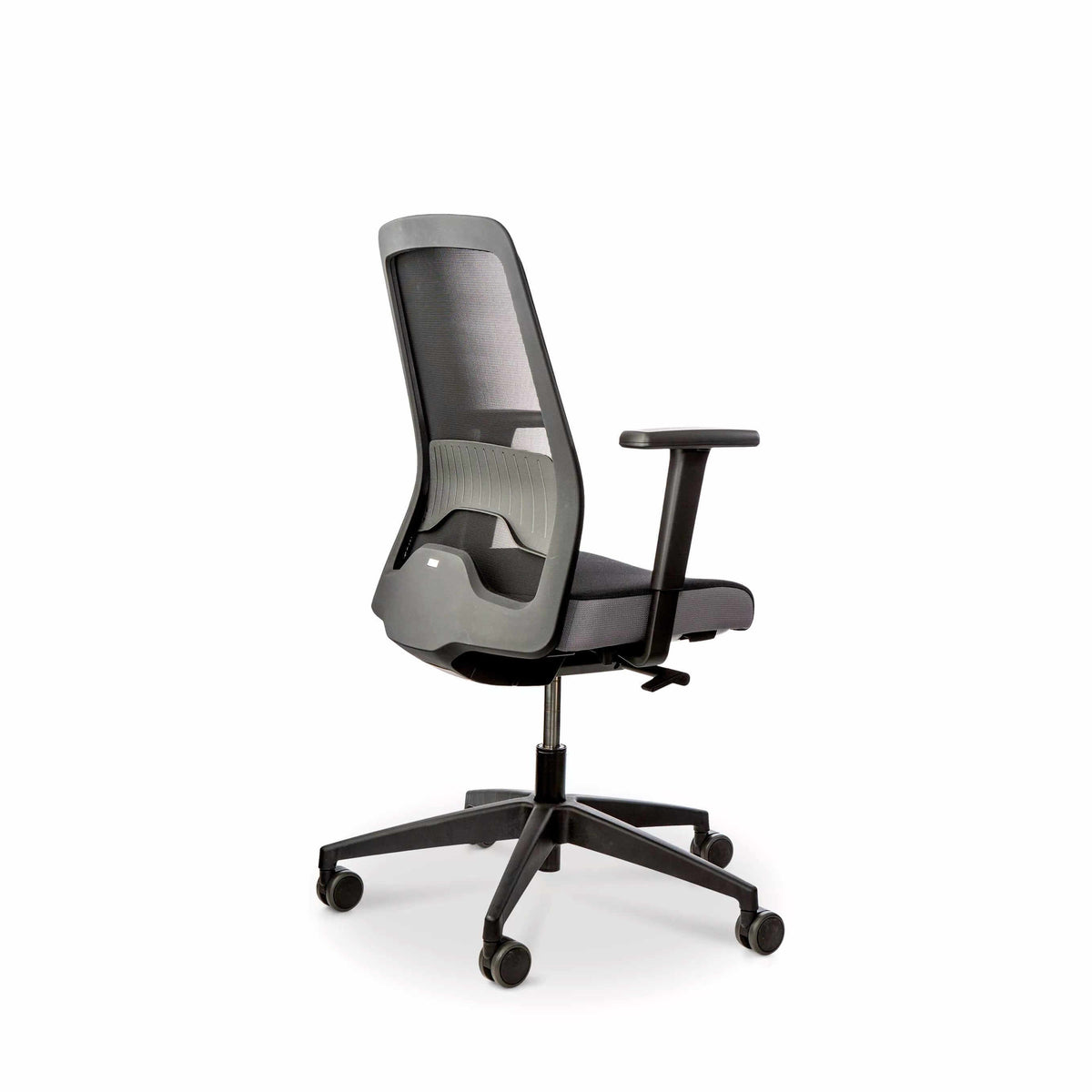 EVERYis1 office chair viewed at an angle, showing the mesh backrest