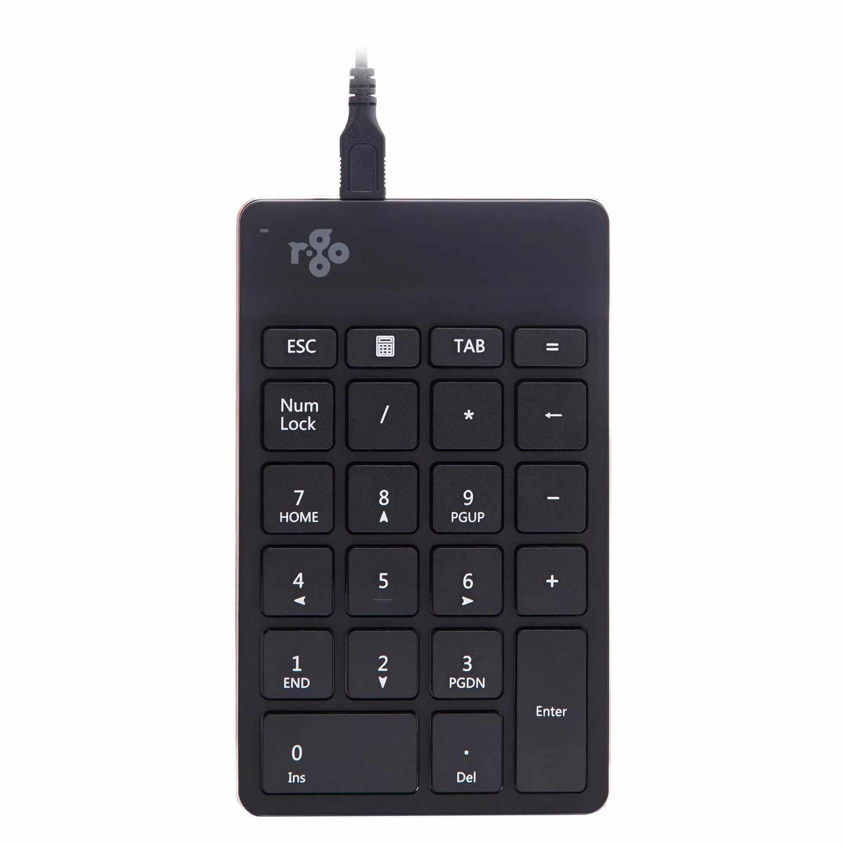 Ergo-R Black numeric keyboard with ergonomic design, USB connectivity, low-profile keys, and compact layout for optimized workspace.