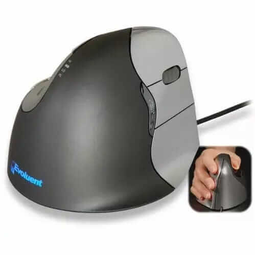 Ergonomic Evoluent V4 vertical mouse, wired USB with laser sensor, showcasing hand position for comfortable use and wrist pain prevention.