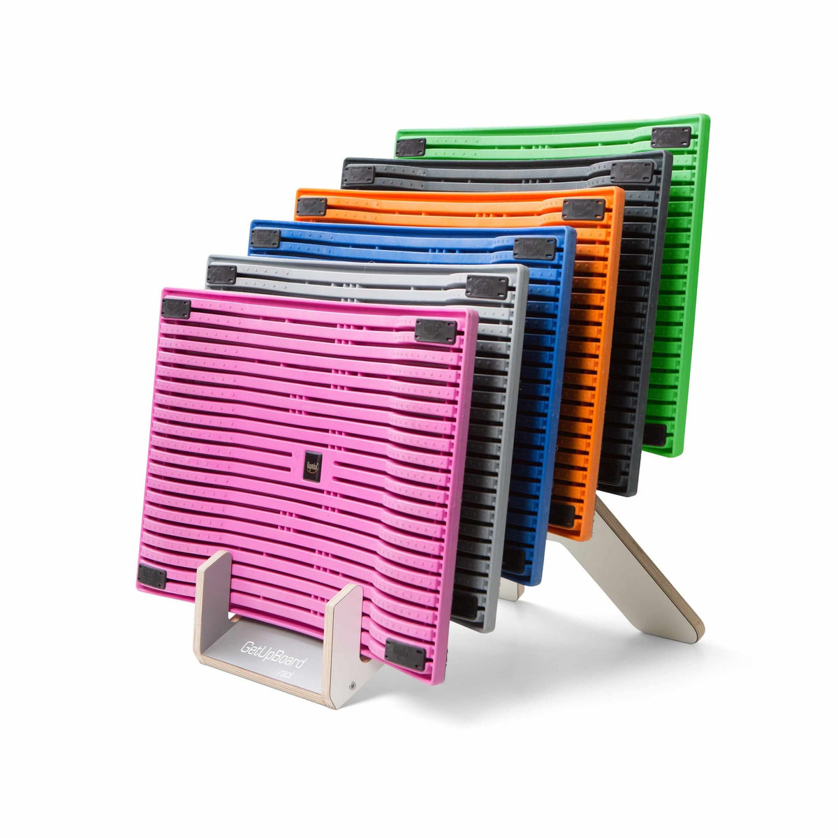 Multi-colored Gymba activation boards on a GetUpBoard rack for efficient office storage and organization.