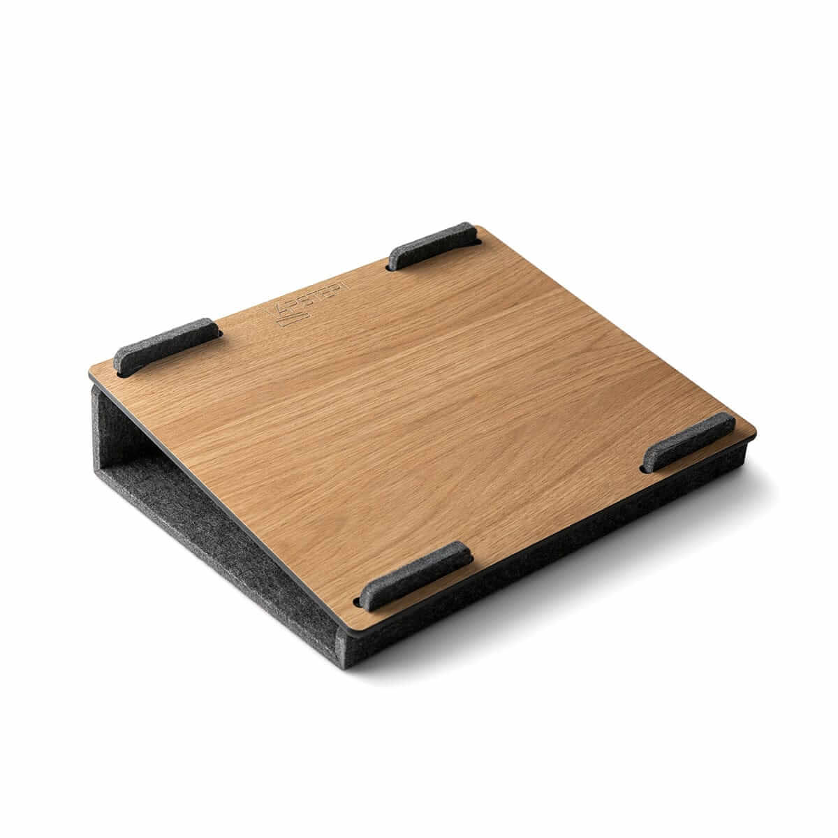 Lapsteri oak laptop stand seen from above at an angle