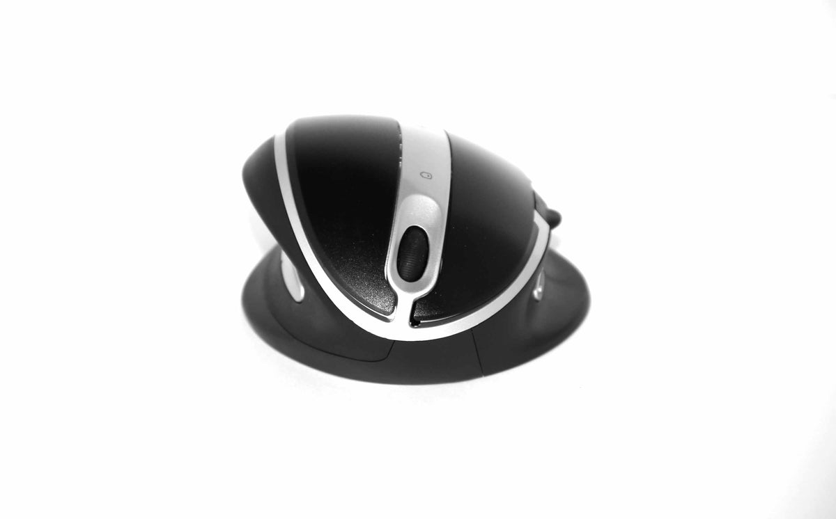 Ergonomic wireless vertical mouse with adjustable angle, designed for comfortable and efficient use in a modern workspace.