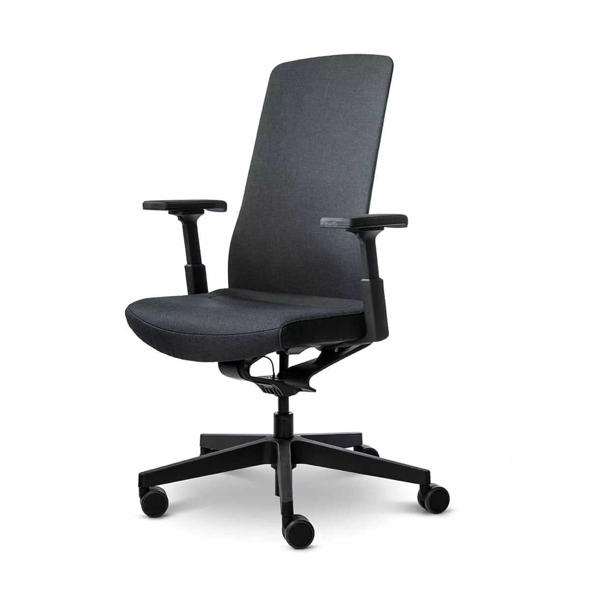 PUREis3 dynamic office chair in dark grey with armrests and a five-star base