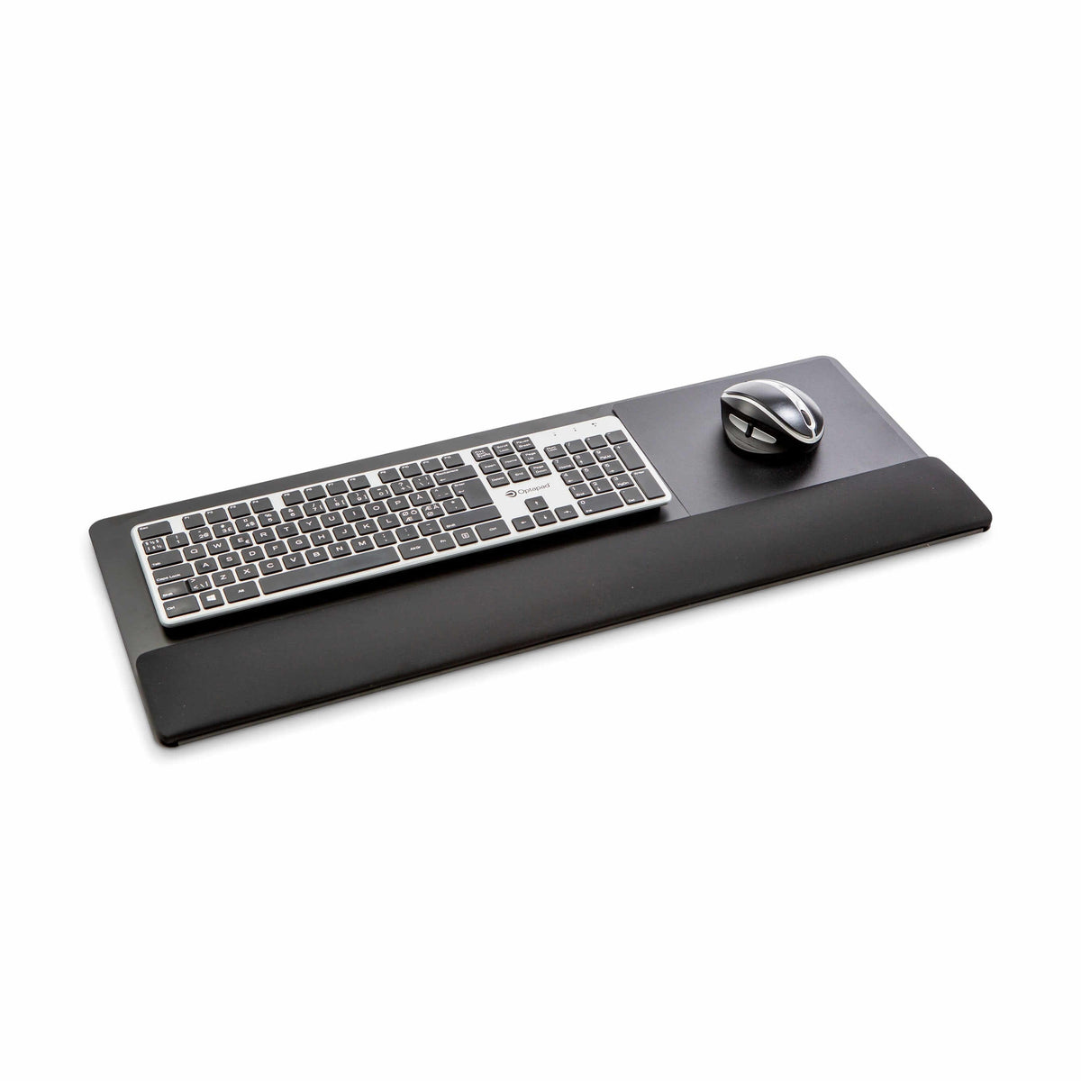 Black ErgoFinland wrist support with keyboard and mouse setup on metal base for comfortable office work.