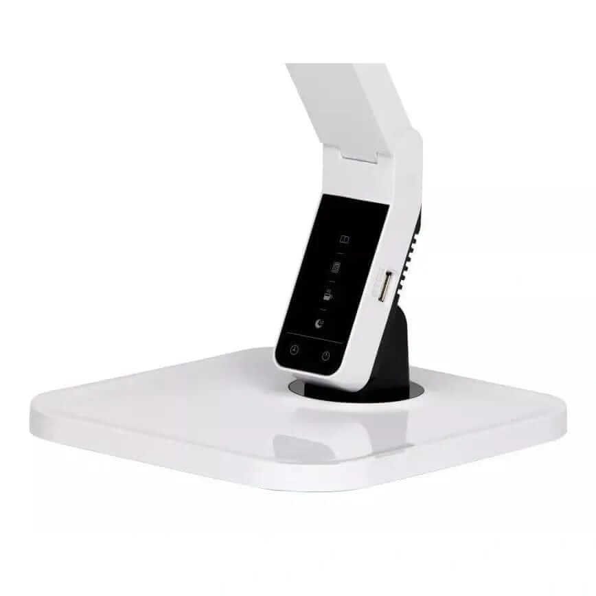 White touch LED desk lamp with adjustable brightness and temperature controls, designed for ergonomic office use.