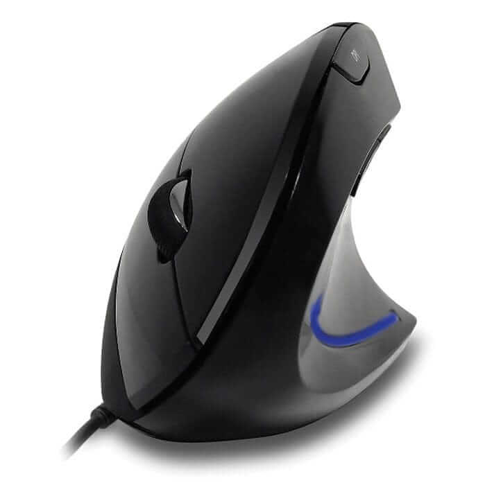 iMouse E1 wired vertical mouse in black with a blue stripe