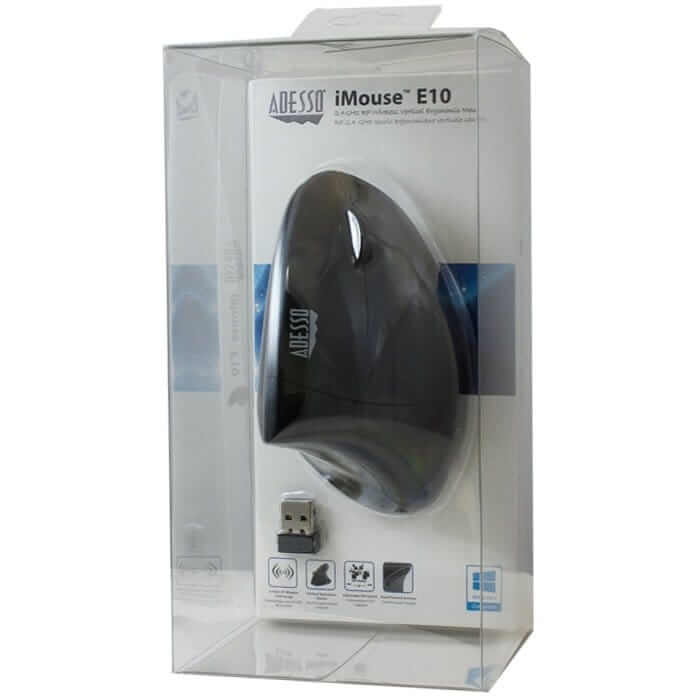 iMouse E10 vertical mouse shown in its retail packaging